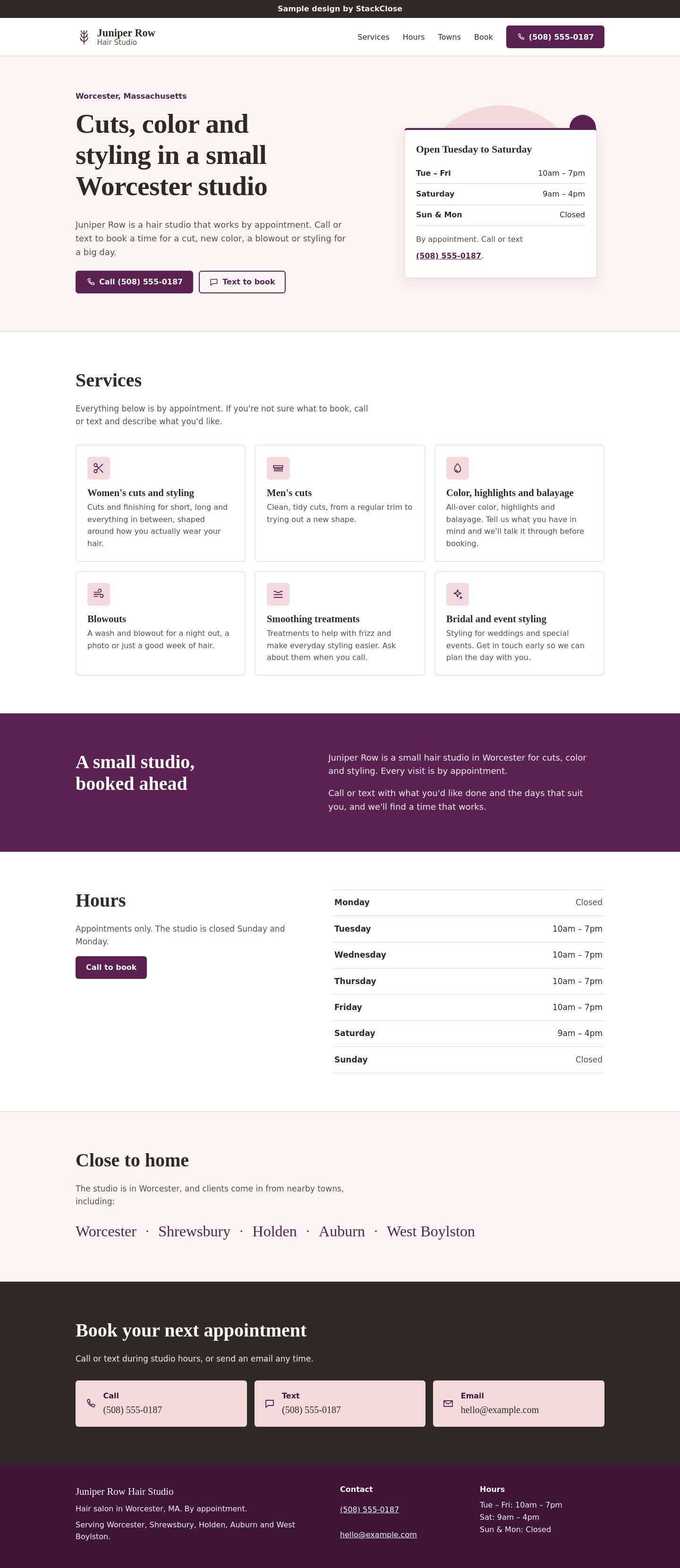 Screenshot of the Juniper Row Hair Studio website
